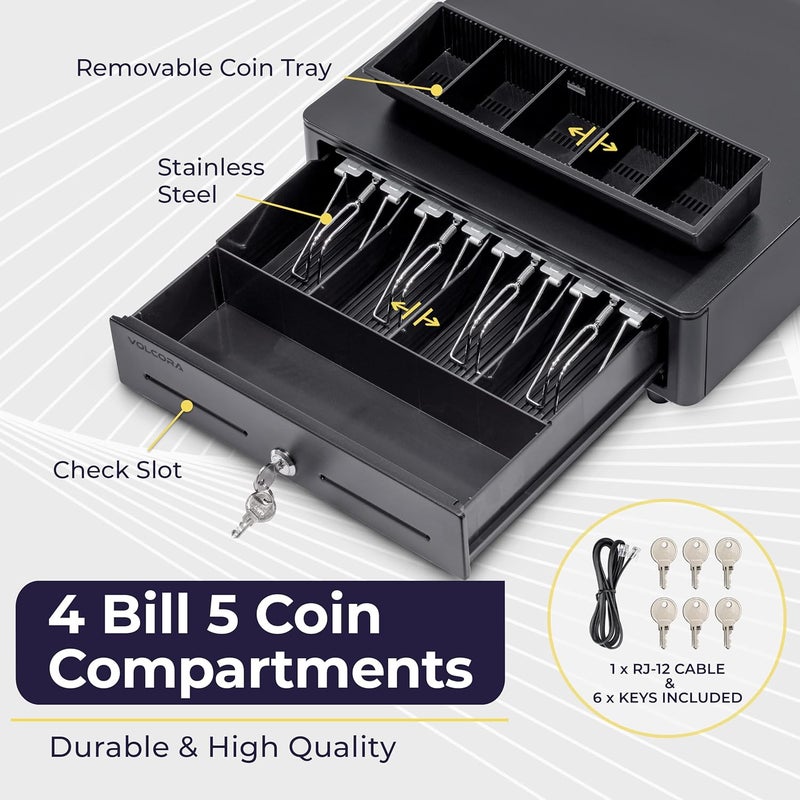 Volcora Cash Register Drawer for (POS) Point of Sale System with Round Corner 13", Removable Coin Tray, 4 Bill/5 Coin, 12-24V, RJ11/RJ12 Key-Lock, Media Slot,Cash Till for Businesses, Black - Image 3